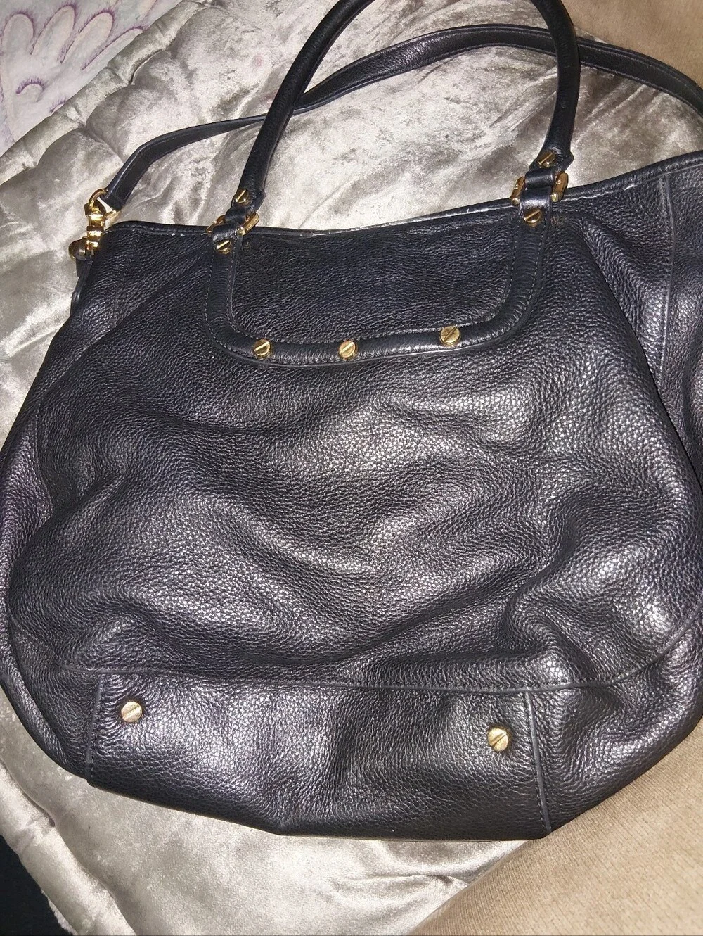 Tory Burch Black Pebbled Leather Tote with Gold Logo